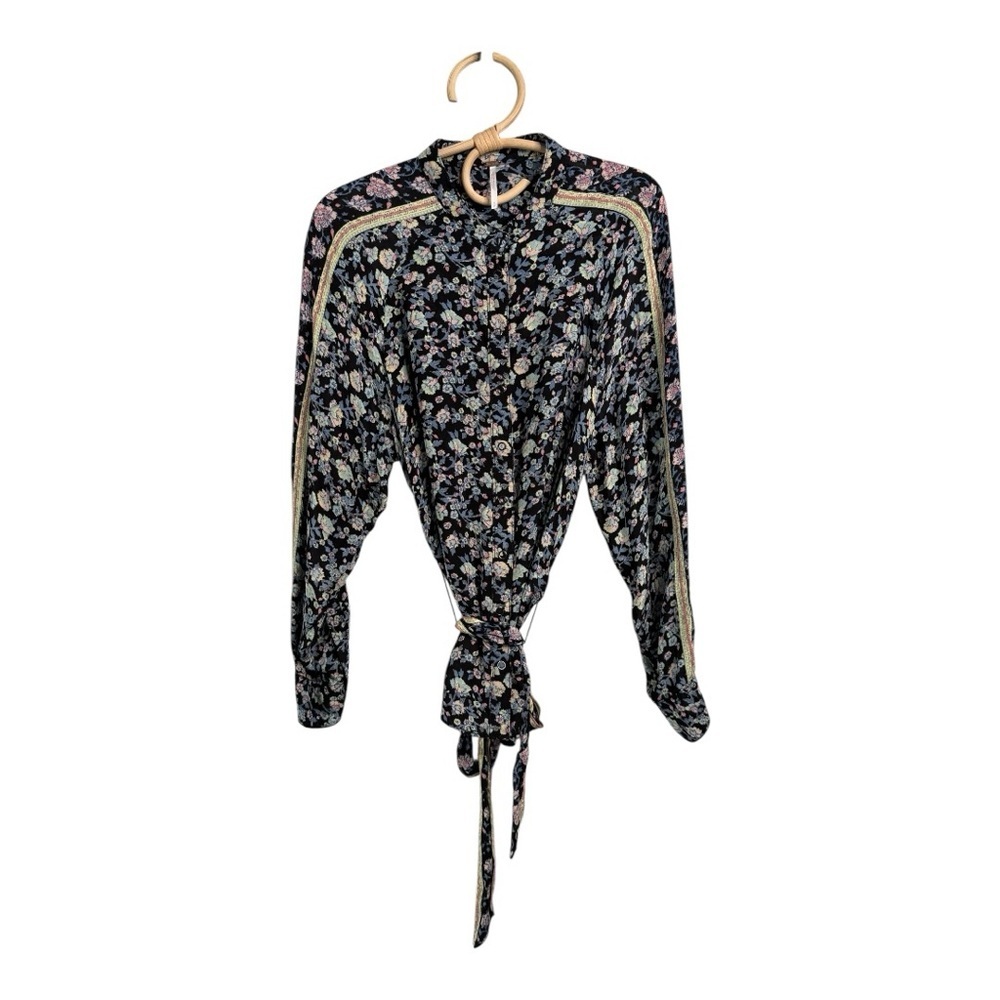 Free People Skyway Floral Drive in Boho Blouse Sash Tie Belt Black Blue Small - Picture 8 of 15